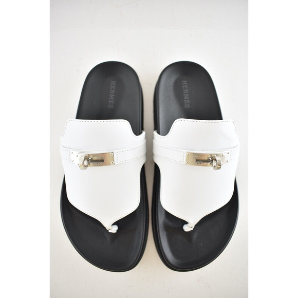 Hermes Empire Sandals White Black Leather Kelly Lock Logo Slide Mule Flat 37 - Picture 7 of 12